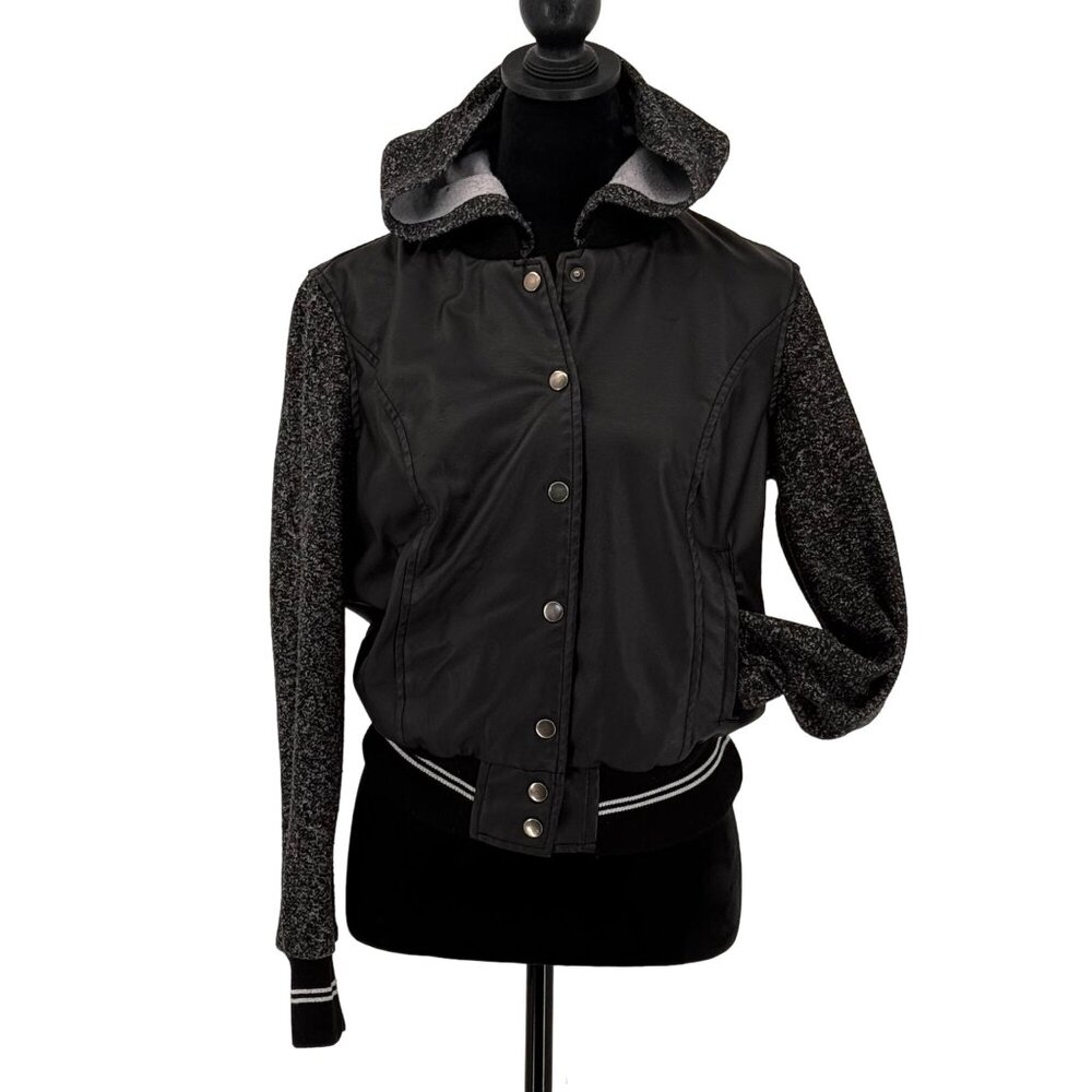 Vintage New Look Hoodie Jacket Women L Faux Leather‎ Y2K Stripe 90s Snap Banded